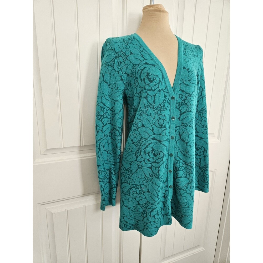 Isaac Mizrahi LIVE! Floral Jacquard Cardigan Teal  Sz S Soft Stretchy Cozy